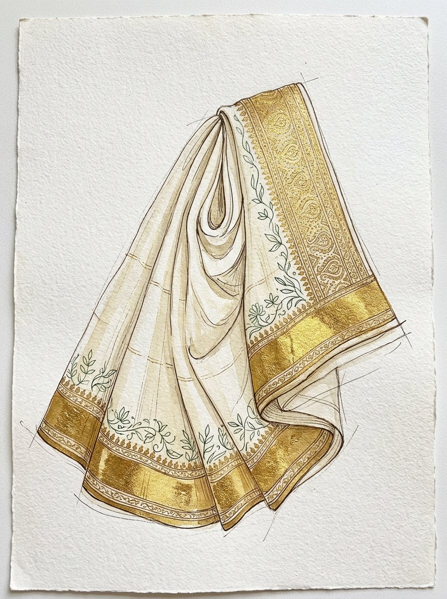 Kerala Kasavu Saree Watercolor Painting with Lines
